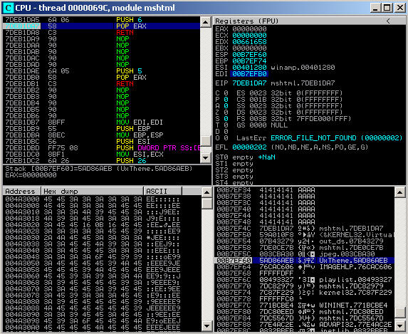 immunity debugger screenshot of the problem